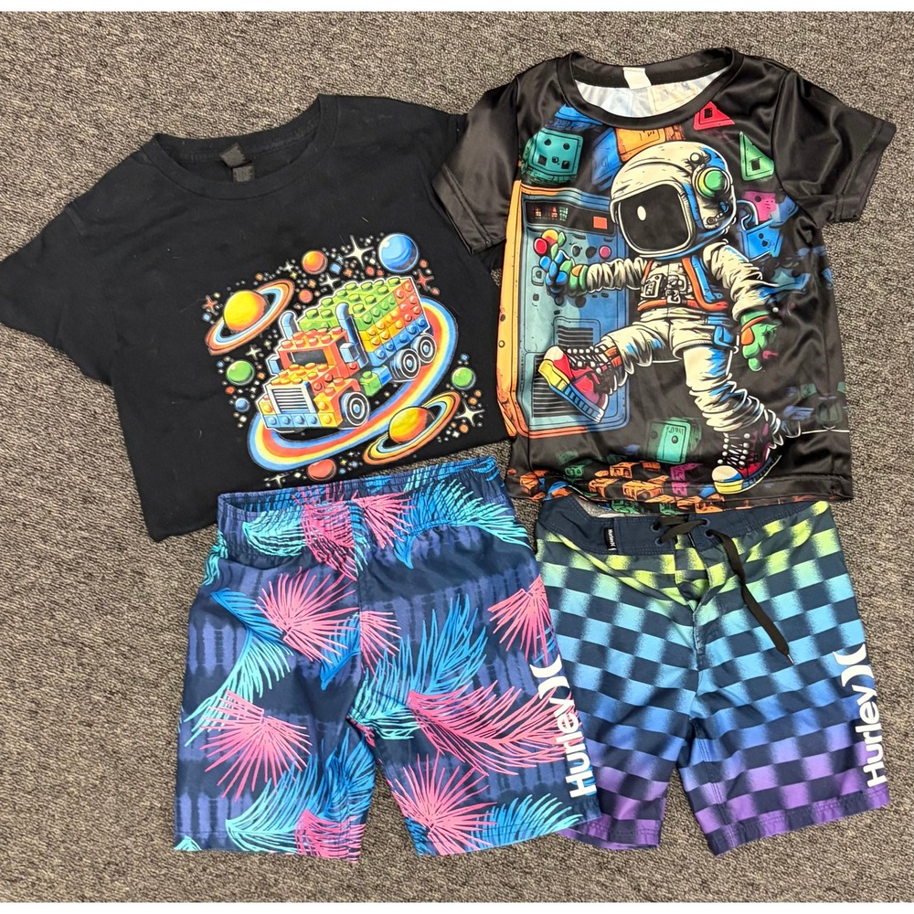 Hurley Boys Summer Bundle Size 5-6 Swim Trunks Space Astronaut Graphic Tees 4pc
